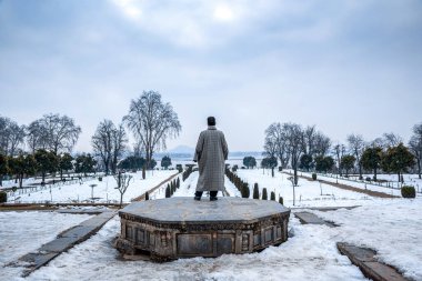 Nishat Bagh Babür Bahçe manzarası kış mevsimi, Srinagar, Kaşmir, Hindistan