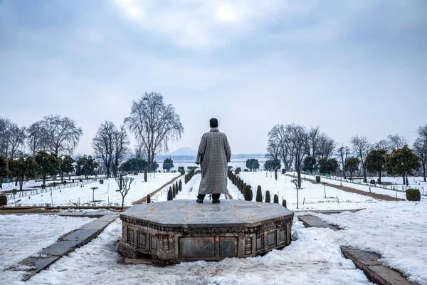 Nishat Bagh Babür Bahçe manzarası kış mevsimi, Srinagar, Kaşmir, Hindistan