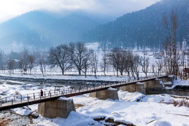 Kaşmir köylüleri, Sonmarg yolu üzerinde köy nehri üzerine inşa edilmiş bir köprüyle nehri geçiyorlar.
