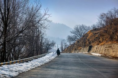 Kashmiri halkı kış mevsiminde, Srinagar yakınlarında karla kaplı bir yolda yürüyor.
