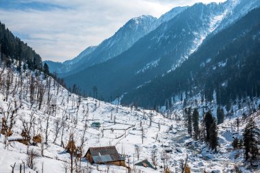 Pahalgam, Kashmir, Hindistan yakınlarındaki Aru Vadisi 'ndeki kış sahnesi..