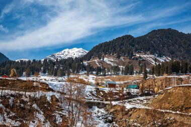 Pahalgam, Kashmir, Hindistan yakınlarındaki Aru Vadisi 'ndeki kış sahnesi..