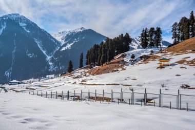 Pahalgam, Kashmir, Hindistan yakınlarındaki Aru Vadisi 'ndeki kış sahnesi..
