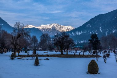 Kış mevsiminde Pahalgam 'ın güzel manzarası. Etrafı donmuş Himalayalar, buzullar, yeşil köknar ve çam ağaçları ve orman manzaralarıyla çevrili.