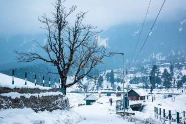 Kış mevsiminde Pahalgam şehrinin güzel manzarası, karla çevrili Himalayalar buzulu dağları ve yeşil köknar ve çam ağacı hattı orman manzarası.