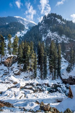 Kışın Kaşmir dağlarının manzarası. Pahalgam, Kaşmir, Hindistan yakınlarında.