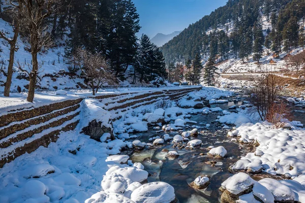 Bela Vista Pahalgam Durante Temporada Inverno Cercado Por Montanhas Geleiras — Fotografia de Stock