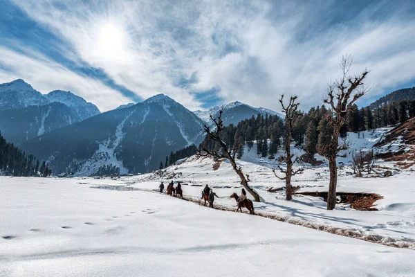 Turistas Desfrutando Passeios Cavalo Vale Aru Cena Inverno Perto Pahalgam — Fotografia de Stock