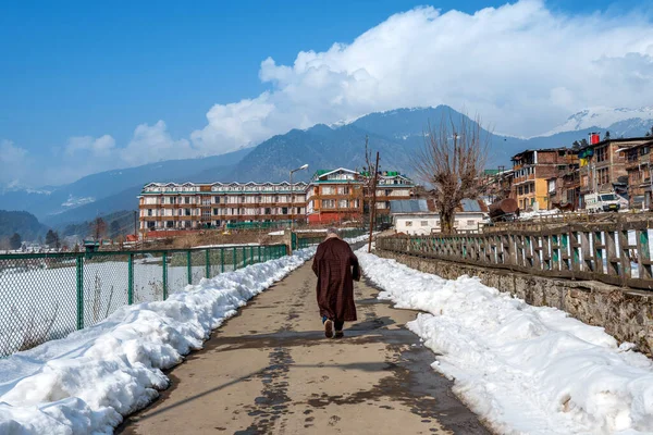 Vacker Utsikt Över Pahalgam Stad Vintersäsongen Omgiven Snö Fryst Himalaya — Stockfoto