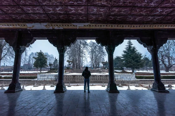 Het Besneeuwde Uitzicht Shalimar Bagh Mughal Garden Tijdens Het Winterseizoen — Stockfoto