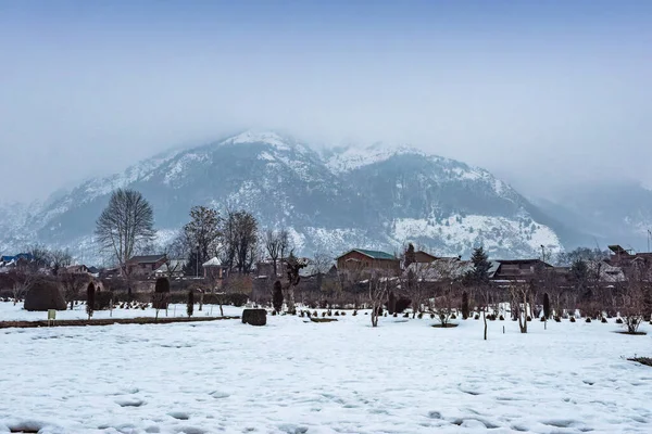 Den Snötäckta Utsikten Över Shalimar Bagh Mughal Garden Vintersäsongen Srinagar — Stockfoto