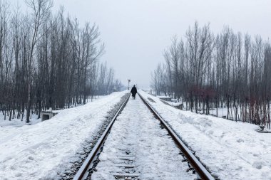 Şiddetli kar yağdıktan sonra Banihal Baramulla tren yolu karla kaplandı, Kashmir, Hindistan