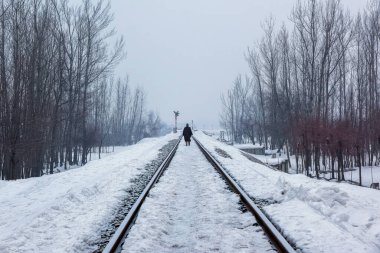 Şiddetli kar yağdıktan sonra Banihal Baramulla tren yolu karla kaplandı, Kashmir, Hindistan