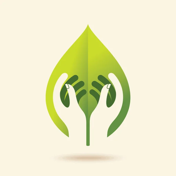Manos con hoja verde — Vector de stock