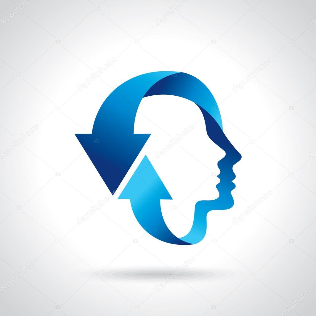 thinking head with blue arrows