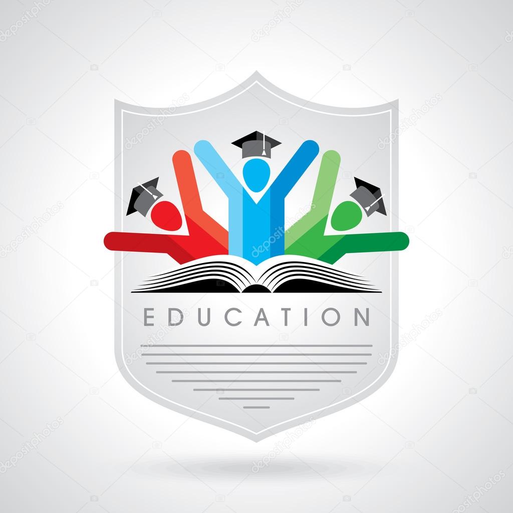 Happy students with shield icon, educational symbol