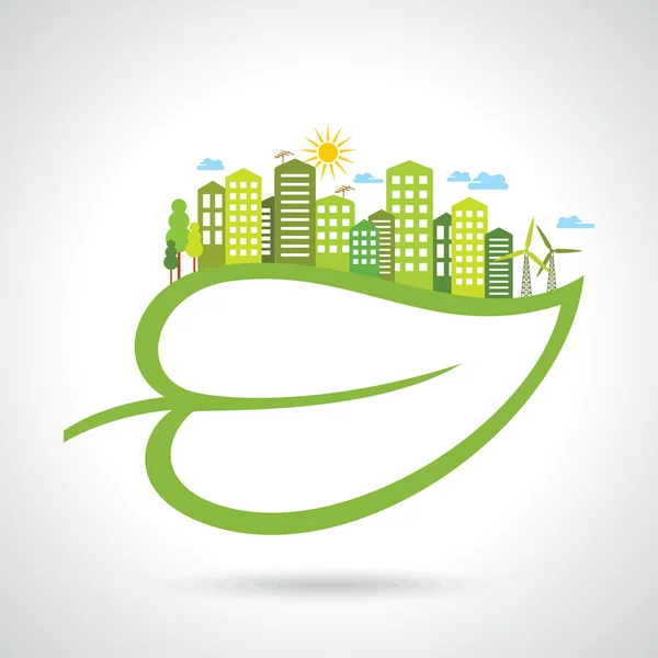 Concepto de ecología con ciudad y hoja — Vector de stock