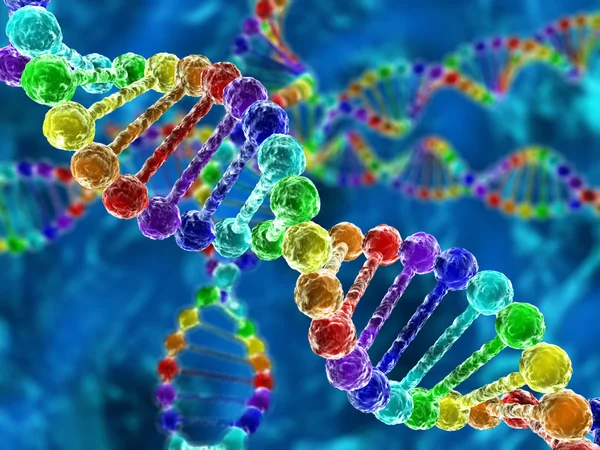 배경에 defocus와 레인 보우 Dna (deoxyribonucleic acid) 스톡 이미지