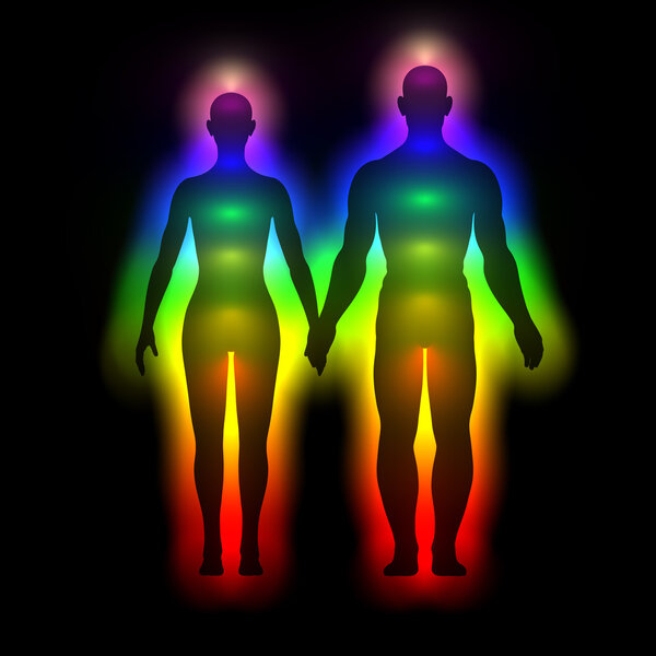 Rainbow silhouette of human body with aura - woman and man