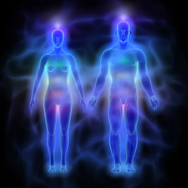 Cuerpo de energía humana (aura) con chakras - mujer y hombre — Foto de Stock