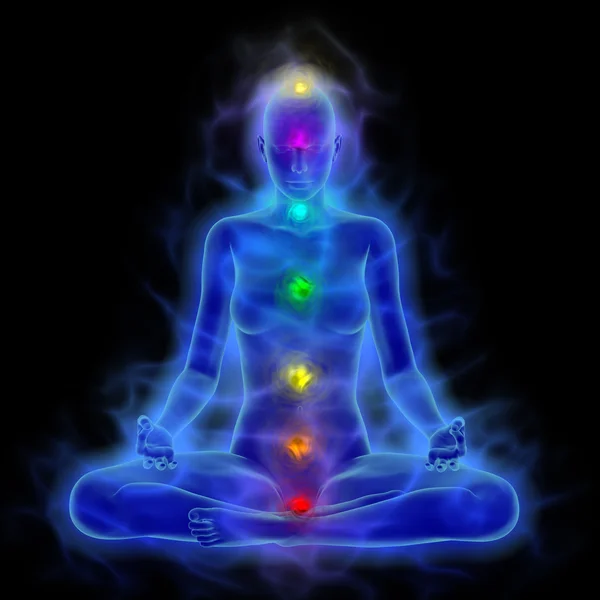 Cuerpo de energía humana, aura, chakras en meditación Imagen de stock