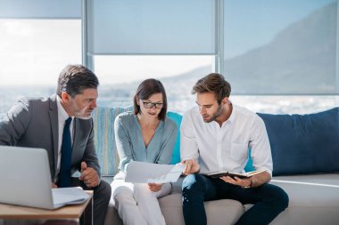 Bir grup başarılı iş adamı, modern bir ofiste koltukta otururken birlikte evrak işlerini tartışıp dizüstü bilgisayar kullanıyorlar.