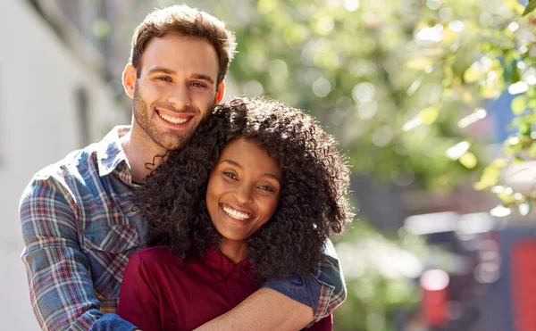 Portrait Smiling Young Man Hugging His Girlfriend While Standing Together — Stock Photo, Image