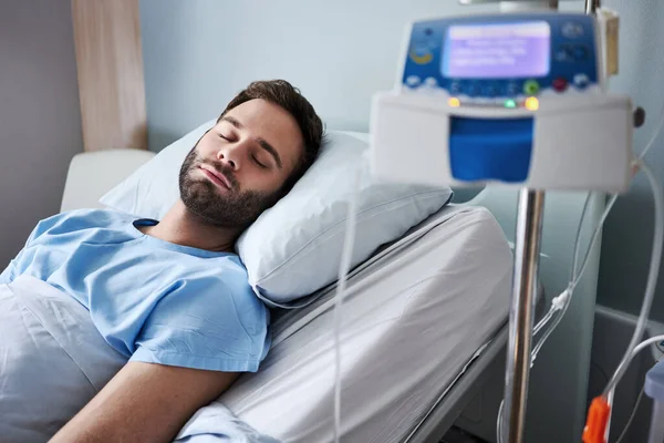 Sick Young Man Sleeping Bed Hospital Receiving Intravenous Drip Treatment — Stock Photo, Image