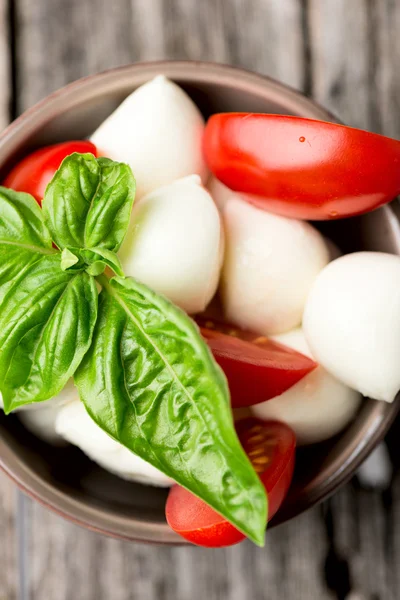 Tomate et mozzarella aux feuilles de basilic dans un bol — Photo