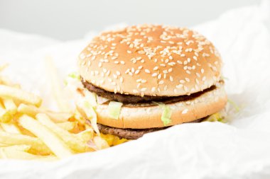 Duble burger patates kızartması ile