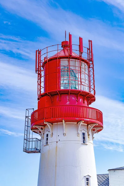Historic Red White Lighthouse Edge Rocky Sea Coast Lindesnes South — Stock Photo, Image