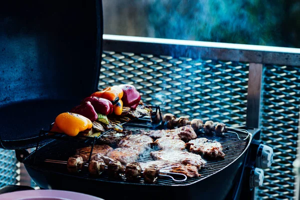 Surtido Verduras Carne Cocinando Una Parrilla — Foto de Stock