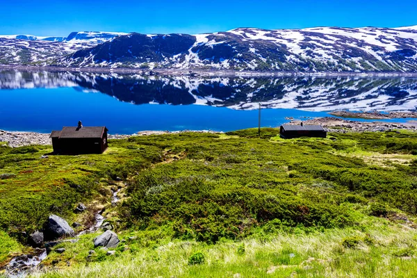 Vista Panorâmica Paisagem Norueguesa Com Montanhas Neve Verão — Fotografia de Stock
