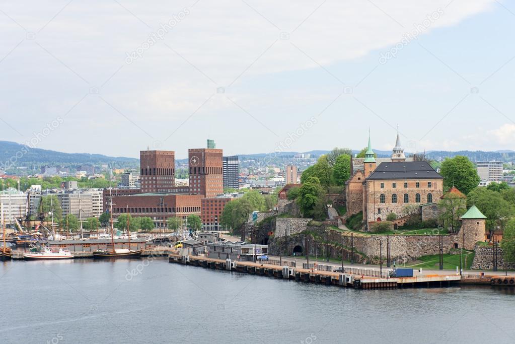 View of Oslo Norway Radhuset and Akershus castle