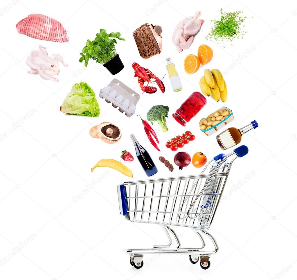 Shopping cart with grocery goods