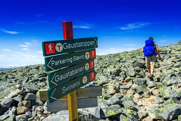 Retkeilijä matkustaa reppu vuoristossa — kuvapankkivalokuva