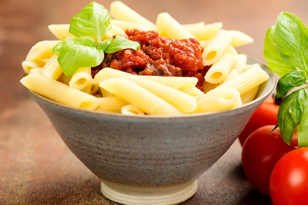 Penne pasta with a bolognese beef sauce — Stock Photo, Image