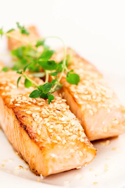 Grilled salmon on white plate closeup — Stock Photo, Image
