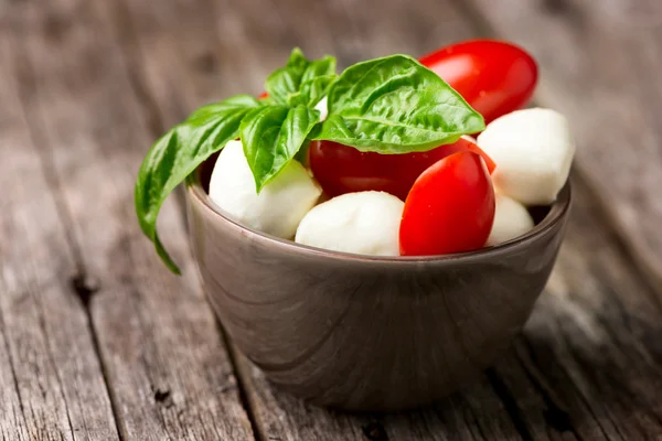 Tomaten und Mozzarella mit Basilikumblättern in Schüssel — Stockfoto