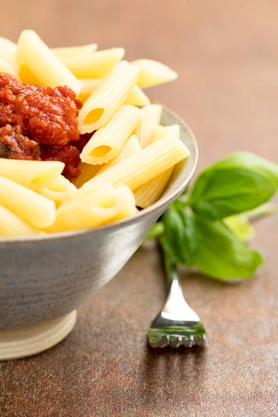 Penne pasta with a bolognese beef sauce — Stock Photo, Image