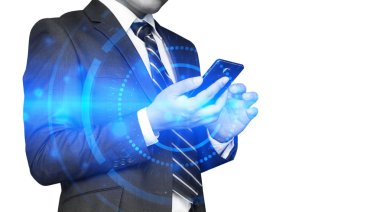 Teknoloji kavram ve fikirler, smartphone, çift pozlama efektleri kullanarak işadamı soyut