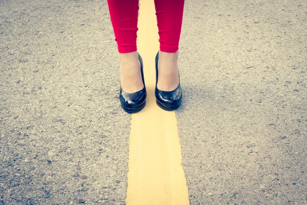 High Heels Girl On Yellow Lines ,Filters Look — Stock Photo, Image