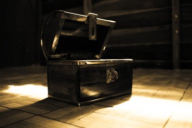 An Open Vintage Wooden Chest,Treasure Box Concept Background,Dramatic Look