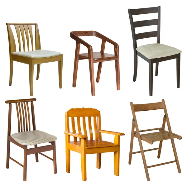 Sada dřevěných židlí izolovaných na bílém s ořezovou cestou — Stock fotografie