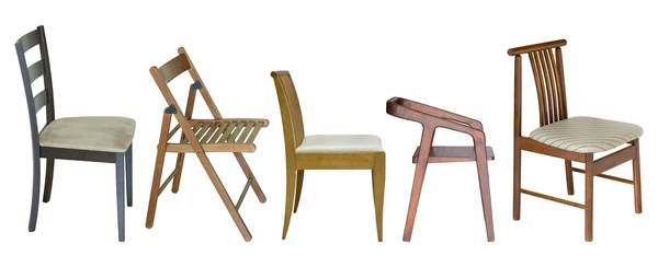 Sada dřevěných židlí izolovaných na bílém s ořezovou cestou — Stock fotografie