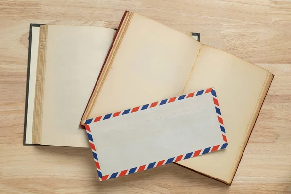 Envelope Old Book Wooden Table Mockup Blank Template — Fotografia de Stock