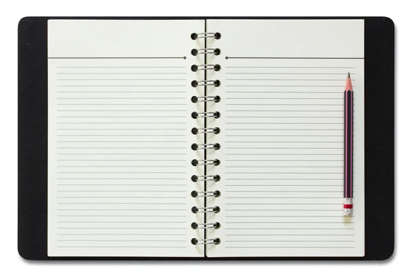 Caderno espiral em branco e lápis isolado em branco — Fotografia de Stock