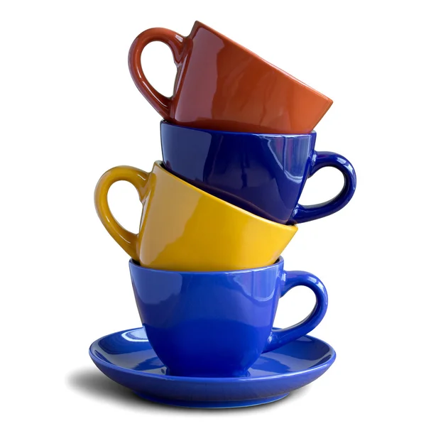 Pila de tazas de café de colores aislados en blanco — Foto de Stock