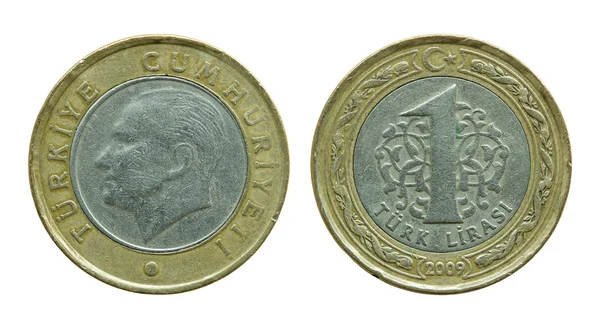 Turkish one lira coins isolated on white — Stock Photo, Image