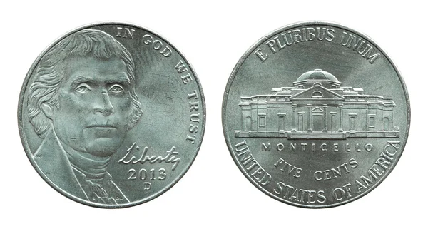 Ηνωμένες Πολιτείες κέρμα πέντε σεντ απομονωθεί σε λευκό Royalty Free Φωτογραφίες Αρχείου